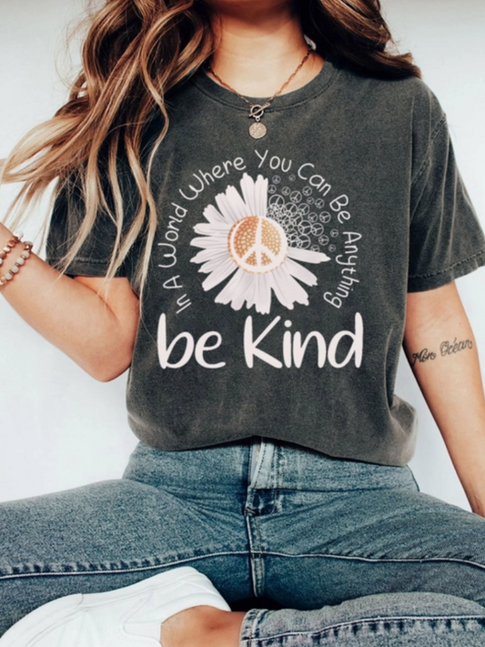 Be Kind - Peace & Daisy Floral Graphic Crewneck Tee on Model