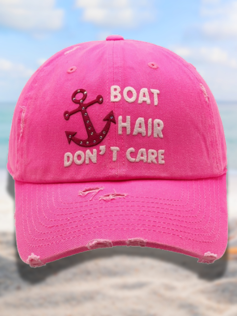 Boat Hair Don't Care - Distressed, Embossed, Ladies Hat with Anchor Detail in Vintage Neon Pink with Iridescent Rhinestones on Anchor Detail,  Full Front View.