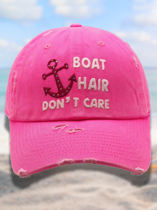 Boat Hair Don't Care - Distressed, Embossed, Ladies Hat with Anchor Detail in Vintage Neon Pink with Iridescent Rhinestones on Anchor Detail,  Full Front View.