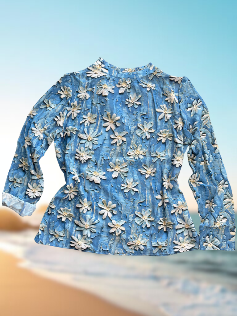 Boho Blue Floral Blouse Flat Lay Back View with Beach Background.