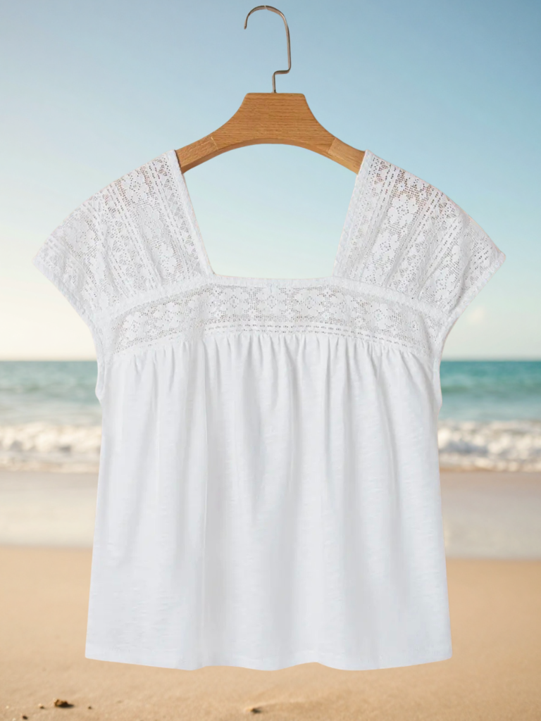 Boho Coastal Daydream Floral Lace Top on Hanger Back View
