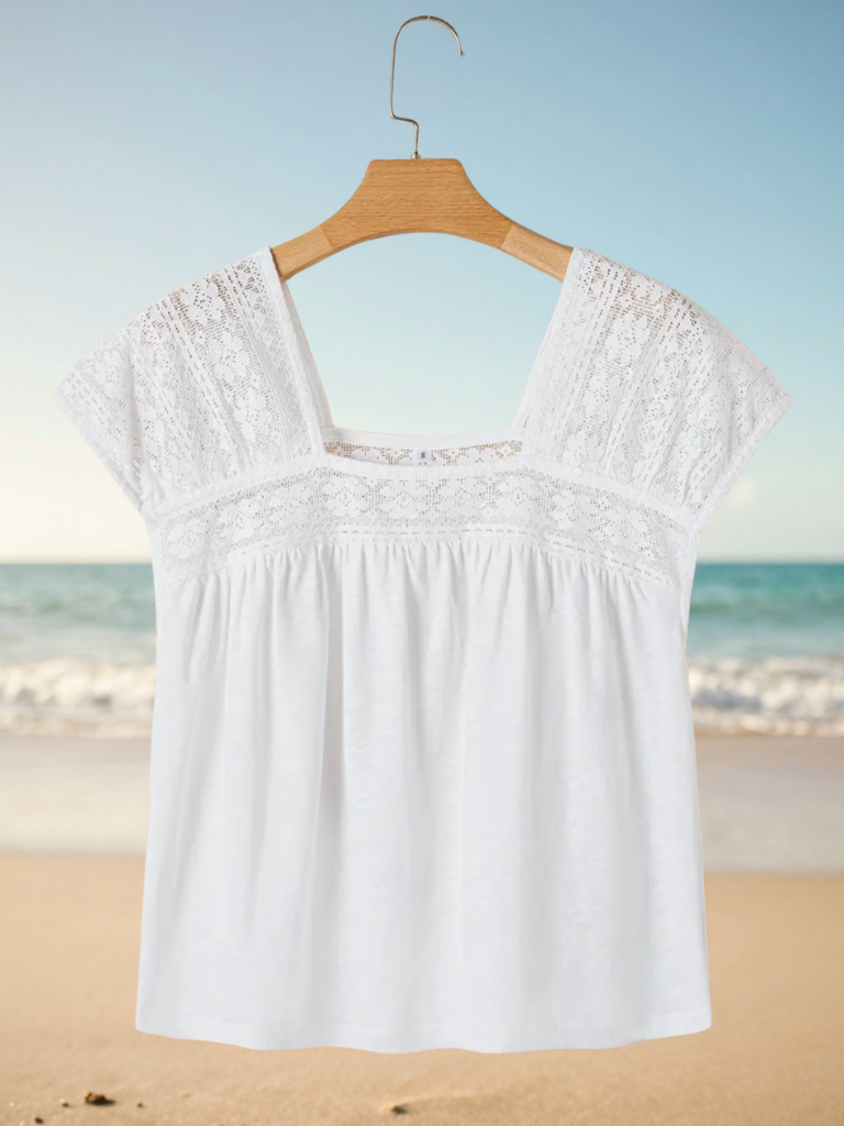 Boho Coastal Daydream Floral Lace Top on Hanger Front View