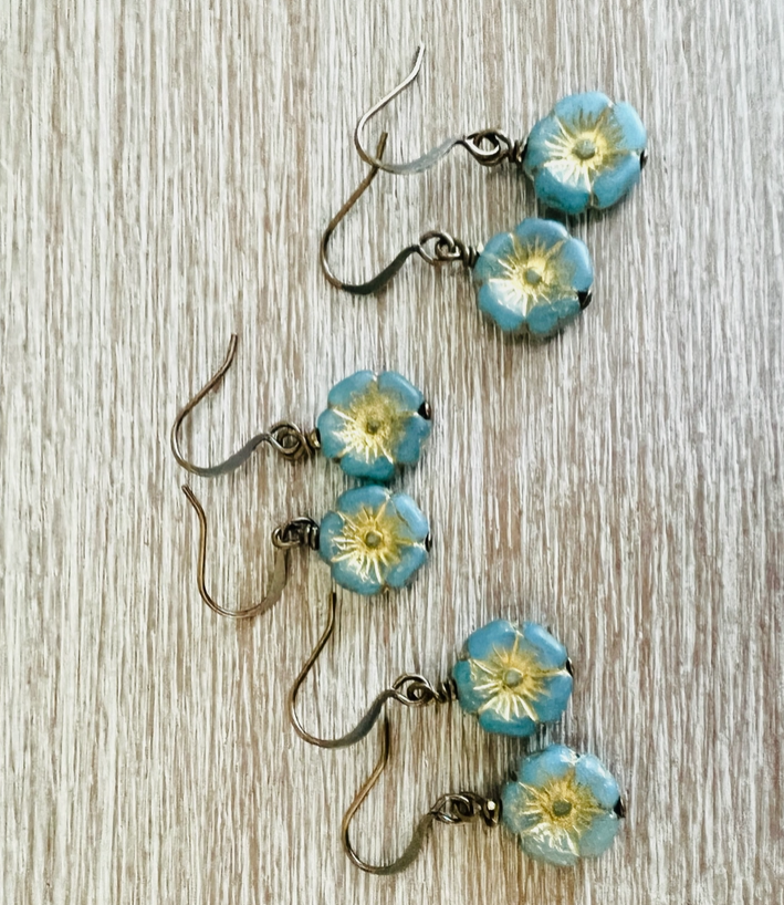 Dainty Denim Pressed Glass Flower Earrings - 3 pairs shown