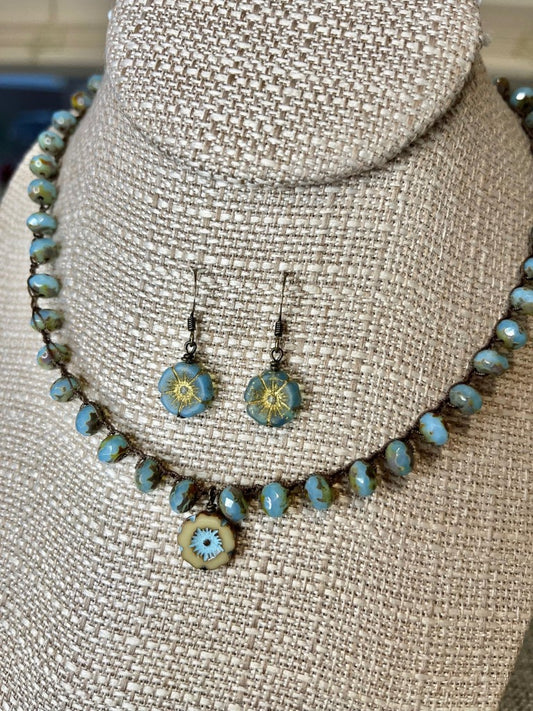 Dainty Denim Pressed Glass Flower Earrings - Shown with Sand and Sky Necklace