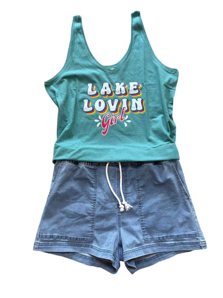 Weekend Wanderer, Ladies Denim, Boat Style Shorts with Lake Lovin' Girl Tank Flat Lay Image