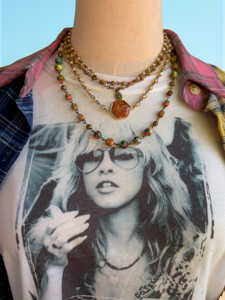 Earth & Embers Boho Gemstone Multi-chain Necklace Shown Short, , 4 Layers, on Model with Gypsy Soul Tee and the Free Spirit Plaid Flannel shirt.