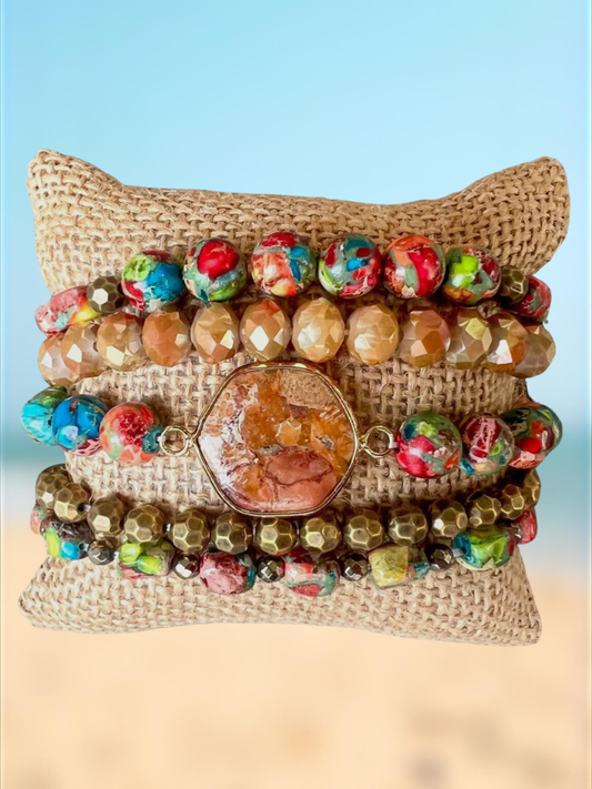 Earth & Ember Boho Stack Gemstone Stack Bracelet, Multi-color Stones, Front View Shown Wrapped Around a Mini Pillow.