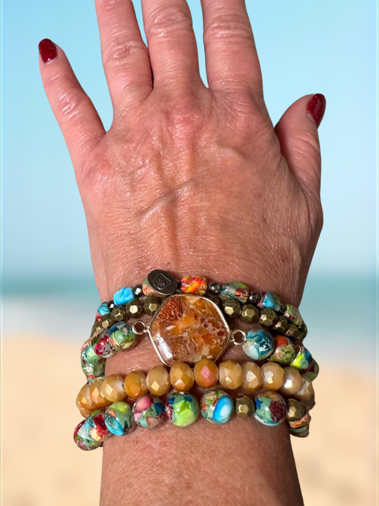 Earth & Ember Boho Stack Gemstone Stack Bracelet, Multi-color Stones, Front View Shown On a Wrist.