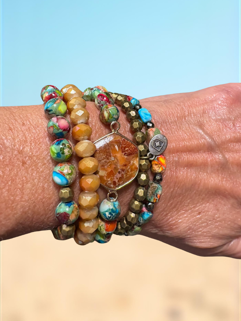 Earth & Ember Boho Stack Gemstone Stack Bracelet, Multi-color Stones, Front View Shown On a Wrist.