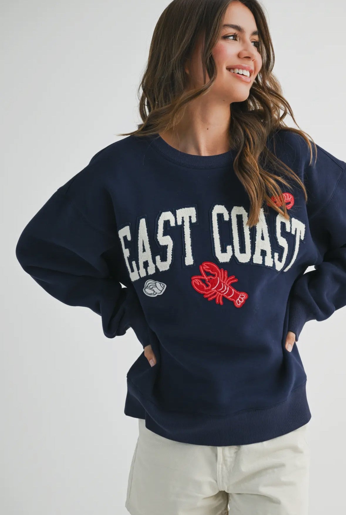 East Coast Lobster Crew, Appliqué, Ladies Sweatshirt on Model with Her Hands on Her Hips