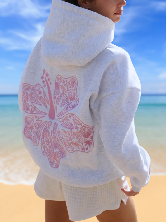 Coastal Bloom Hibiscus Embroidered Zip-Up Ladies Hoodie, Back View on Model