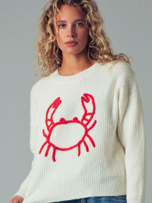 Feelin' Crabby Chunky Knit Embroidered Sweater, on Model Close Up View,  Embroidered Yarn, Bold Red Crab Motif on an Ivory Sweater.
