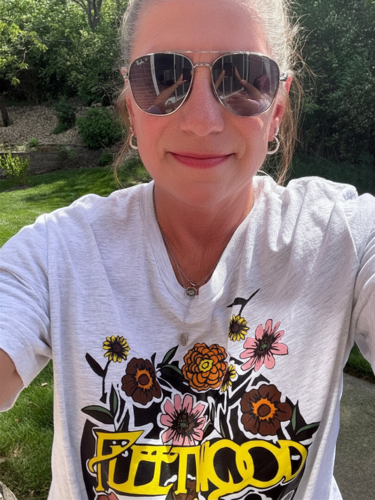 Floral Dreams Fleetwood Mac Vintage Rock Tee on Model Wearing Sunglasses Close Up
