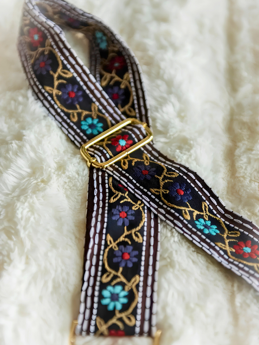 Flower Power Crossbody Embroidered Detachable Guitar Strap Close Up View