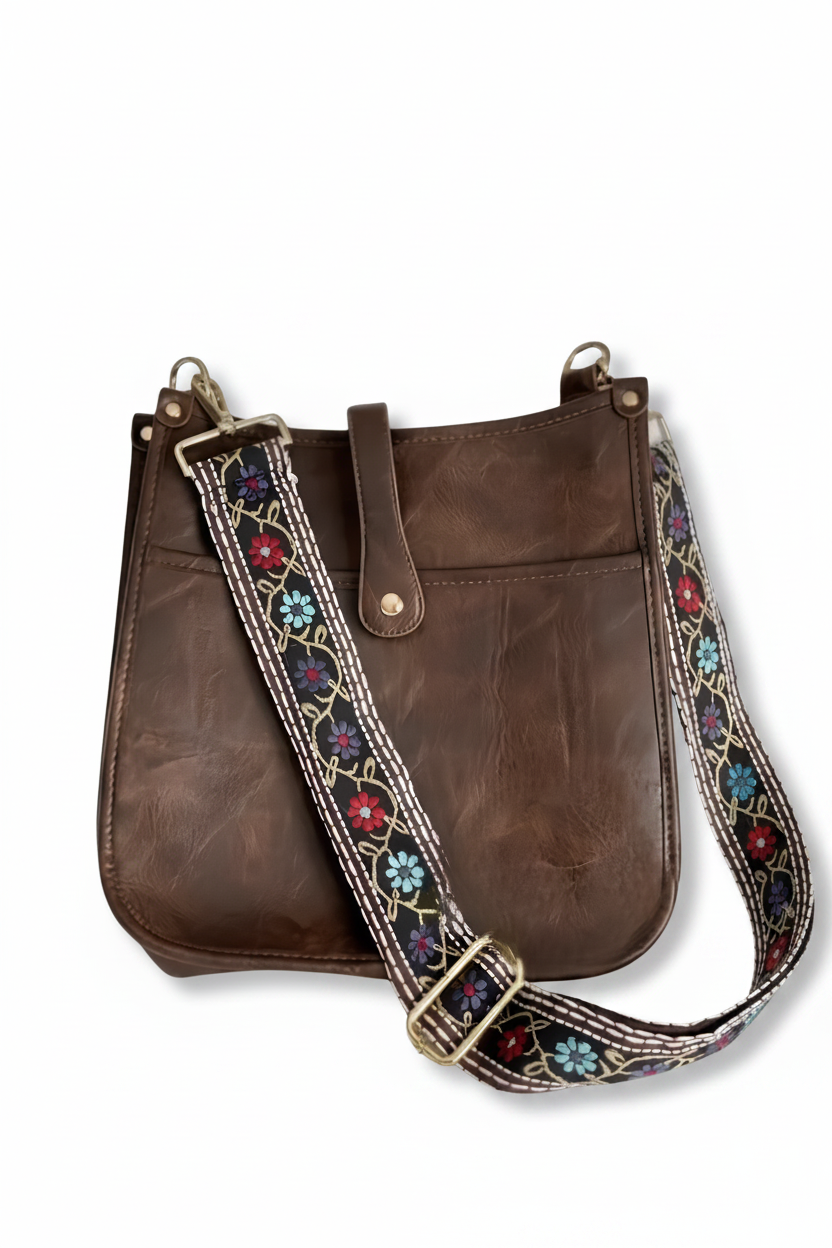 Flower Power Crossbody Embroidered Detachable Guitar Strap on Brown Purse