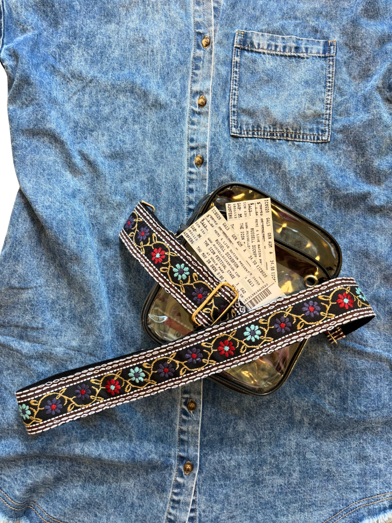 Flower Power Crossbody Embroidered Detachable Guitar Strap on a Clear Stadium Bag