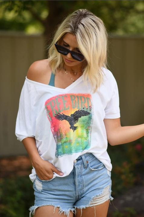 Free Bird - Off the Shoulder, Slouchy, V-neck Ladies Tee