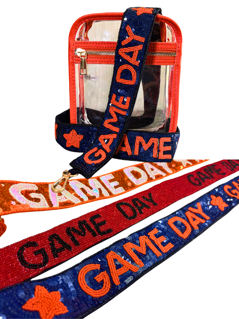 Game Day Spirit Blue Sequin Removable Purse Strap with Orange "GAME DAY" Seed Bead and Stars, on a Clear Stadium Bag with Orange Trim.  Photo also shows 3 other "Game Day" Straps.