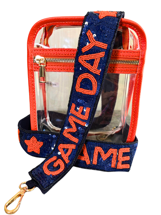 Game Day Spirit Blue Sequin Removable Purse Strap with Orange "GAME DAY" Seed Bead and Stars, on a Clear Stadium Bag with Orange Trim 