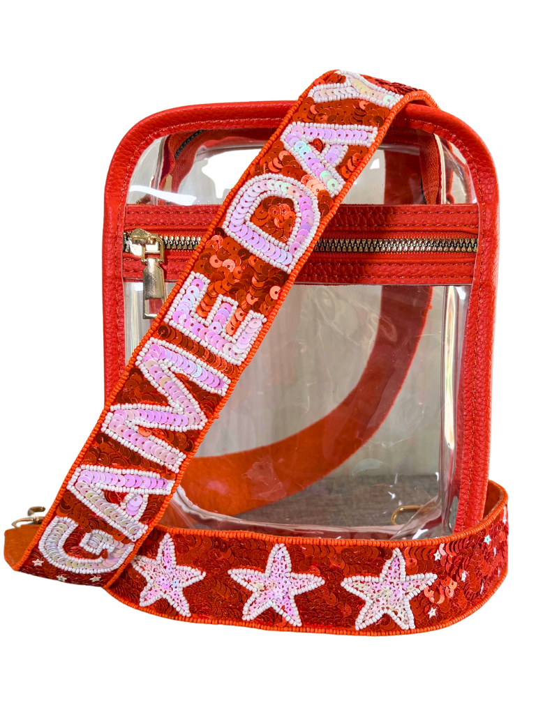 Game Day Star Orange and White Sequin Removable Purse Strap. Says 'Game Day' and has Stars on it.
