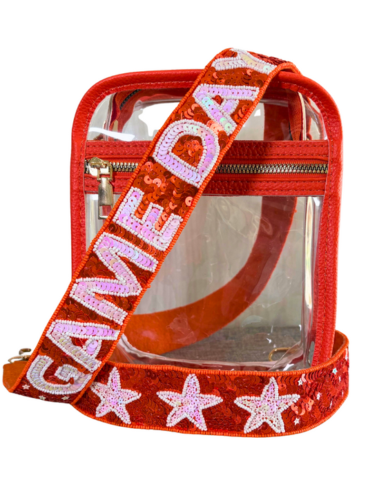 Game Day Star Orange and White Sequin Removable Purse Strap. Says 'Game Day' and has Stars on it.