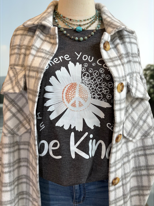 Grey Plaid Cozy Women Shacket Front View Closer Up