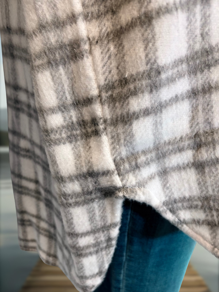 Grey Plaid Cozy Women Shacket Side View Show Split and High Low Hem