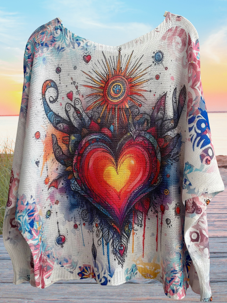 Hearts Aglow - Ladies Loose Knit, Round Neck, Boho Sweater Back View, Close Up. Bold, heart-and-sun inspired design with colorful accents