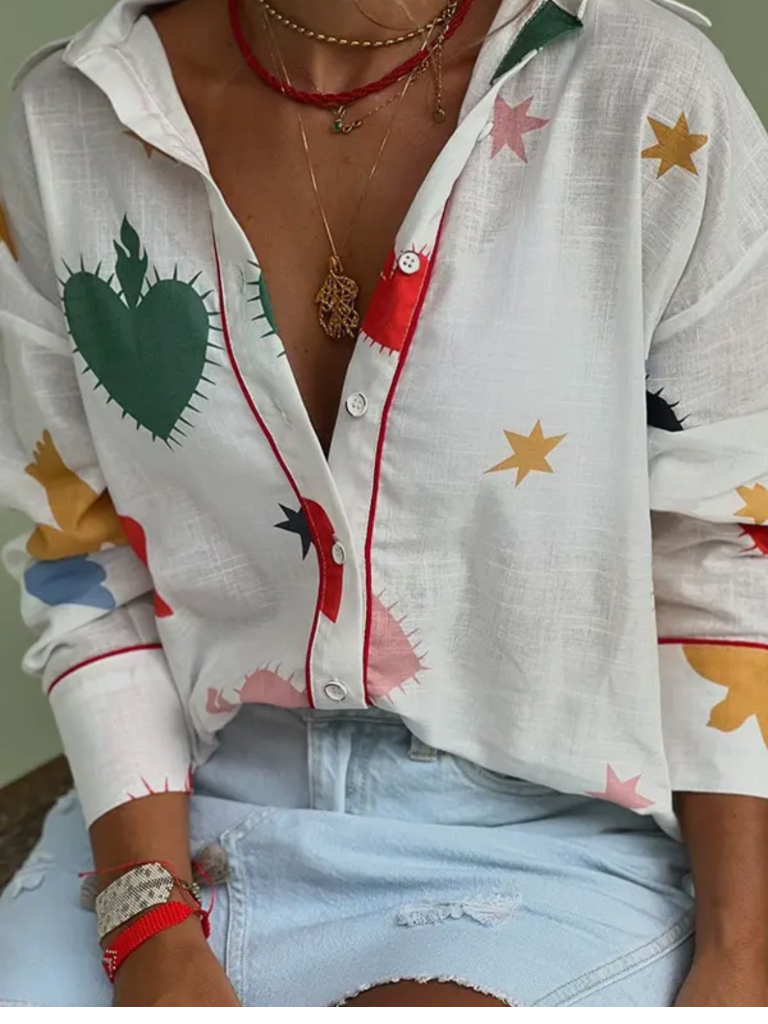 Hearts and Stars Long Sleeve Blouse Front View on Model