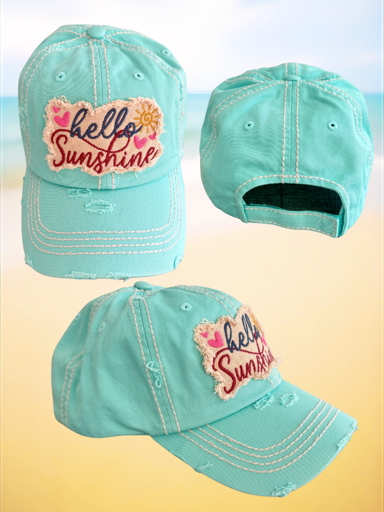 Turquoise cap with 'hello Sunshine' text on a beach background, front back and side views