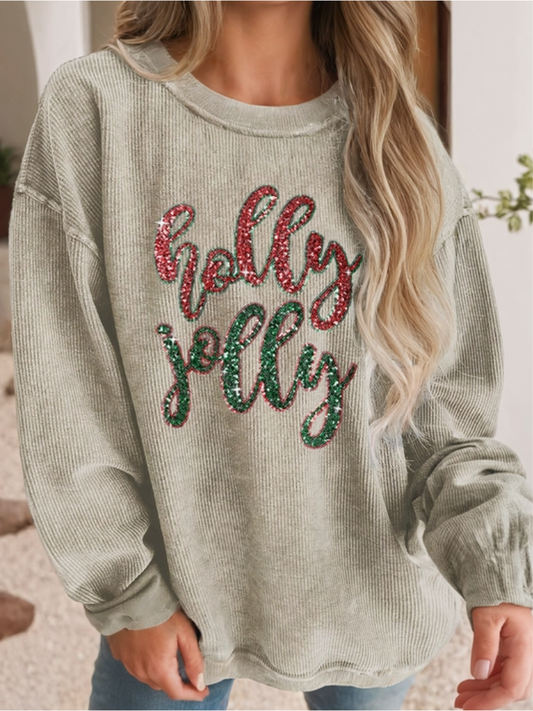 Holly Jolly Corded Sweatshirt with Sequin Graphic on Model in Jeans