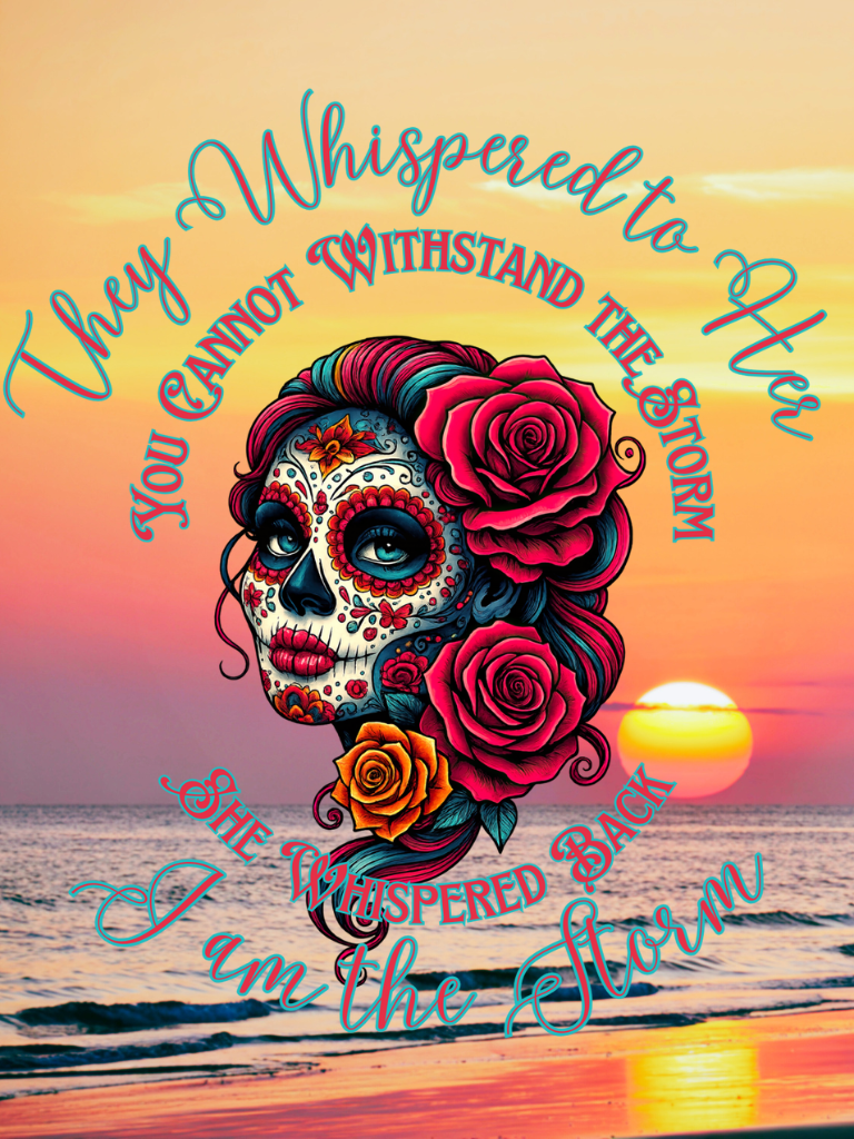"I Am the Storm" Sugar Skull Ladies Scoop Neck Tee, Close Up View of Back of Tee Artwork, Saying "They whispered to her, you cannot withstand the storm. She whispered back, I am the storm"