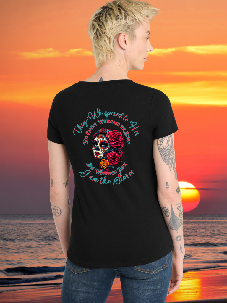 "I Am the Storm" Sugar Skull Ladies Scoop Neck Tee, Back View on Model