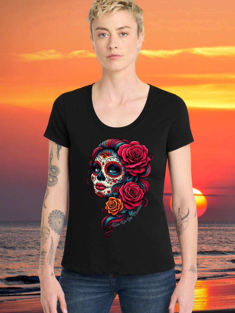"I Am the Storm" Sugar Skull Ladies Scoop Neck Tee Front View on Model