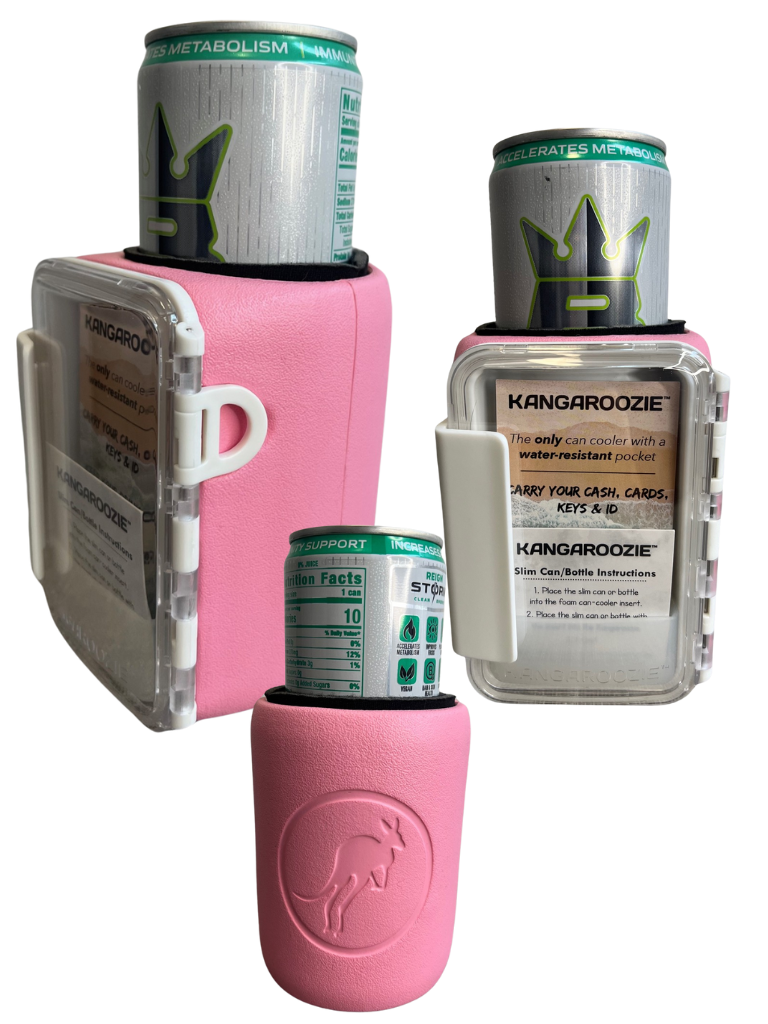 Kangaroozie 12 oz. Slim and Regular Size, Water-resistant Compartment, Can Coolers. Pink for Slim Cans Shown with 3 Different Views