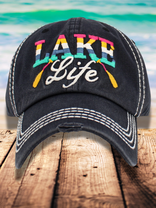 Lake Life Vintage, Multi-Colored Embroidery, Low Profile Ladies Hat, Close Up Front View.