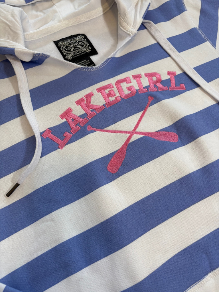 Lakegirl Coastal Striped Hoodie Close Up  View Flat Lay Image