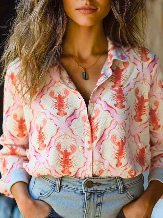 Lobster Print Button-down Ladies Blouse