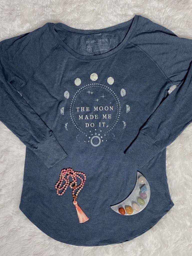 The Moon Made Me Do It, Long Sleeve Tunic Tee , Full Front Image Laid Flat on Floor