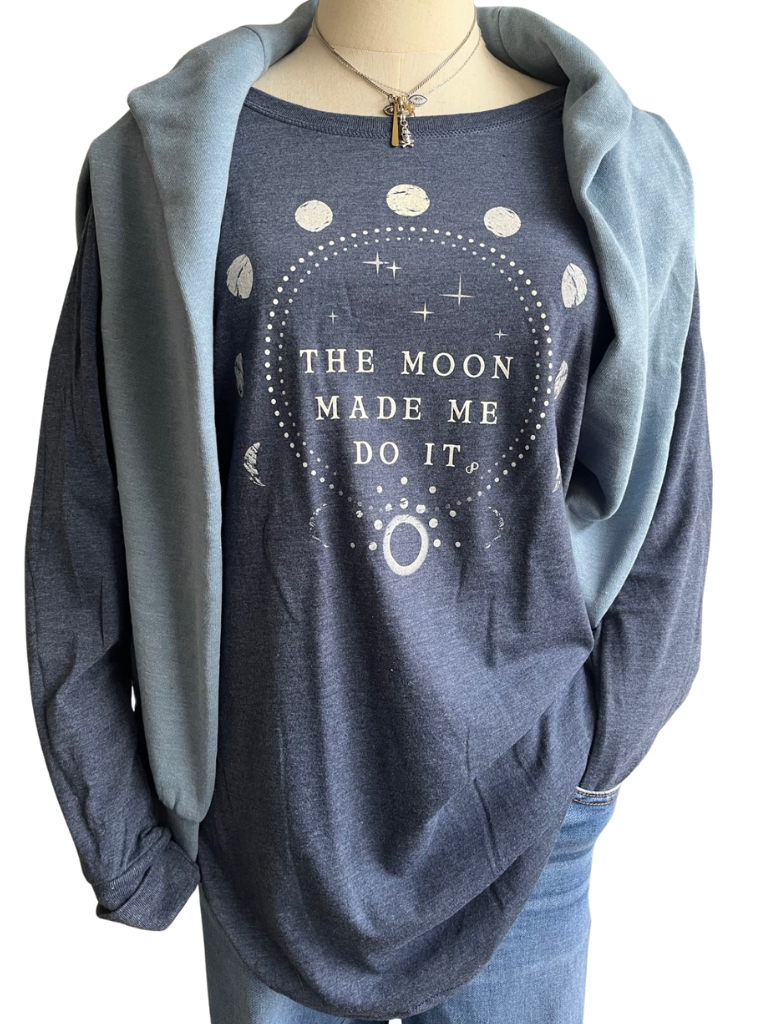 The Moon Made Me Do It Straight On Front View with Sweatshirt and Necklace