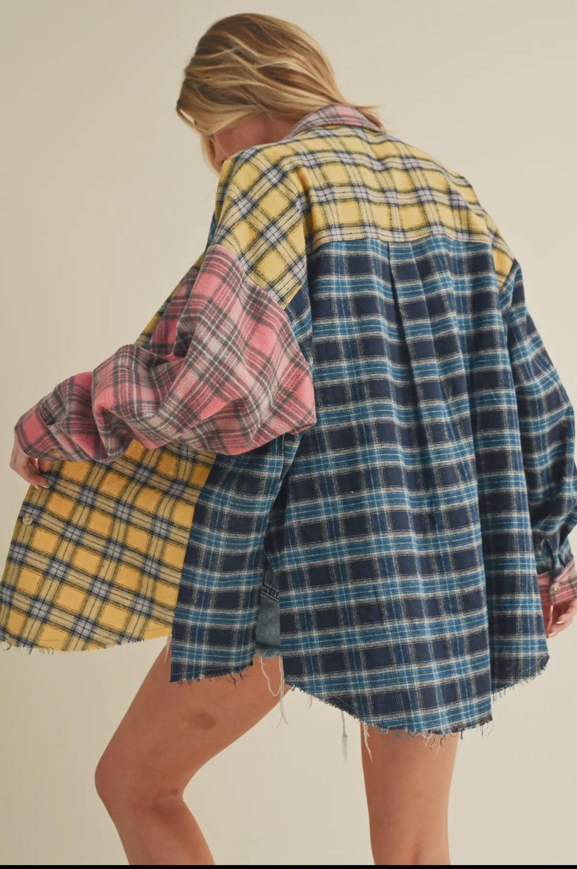 Free Spirit Patchwork Plaid, Ladies Oversized Flannel Shirt, Full Back View on Model