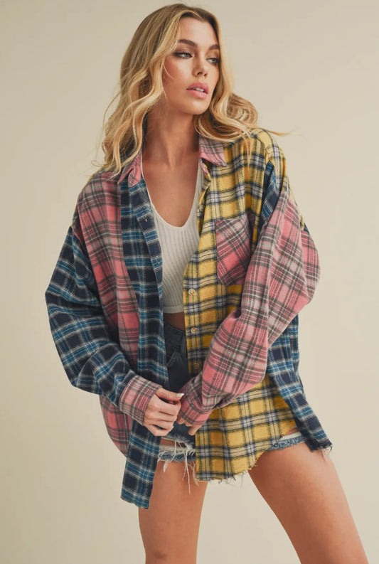 Free Spirit Patchwork Plaid, Ladies Oversized Flannel Shirt, Full Front View on Model 