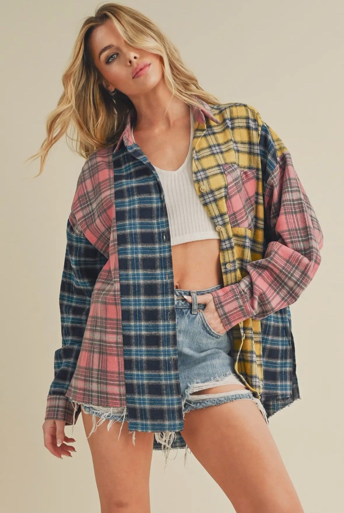Free Spirit Patchwork Plaid, Ladies Oversized Flannel Shirt, Full Front View on Model in a Different Pose