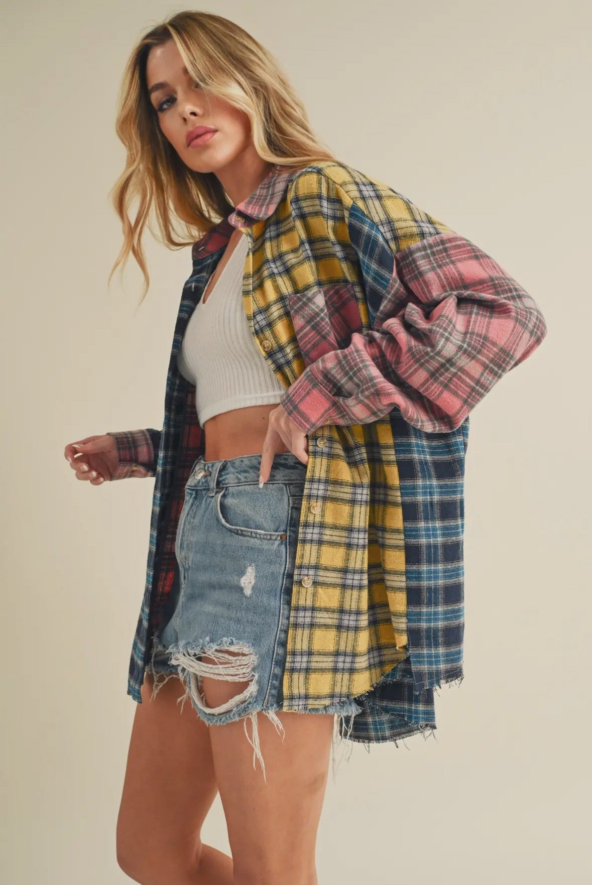 Free Spirit Patchwork Plaid, Ladies Oversized Flannel Shirt, Side View on Model in Another Pose.