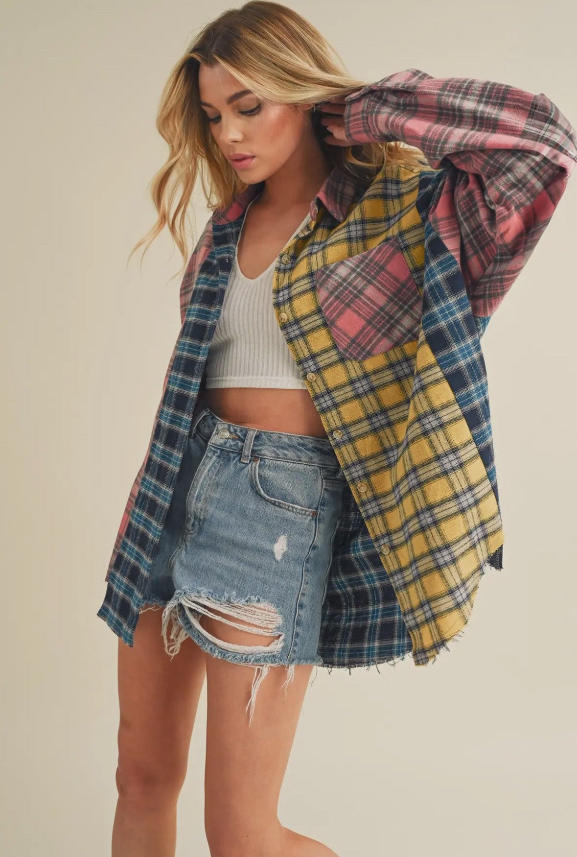 Free Spirit Patchwork Plaid, Ladies Oversized Flannel Shirt, Side View on Model 