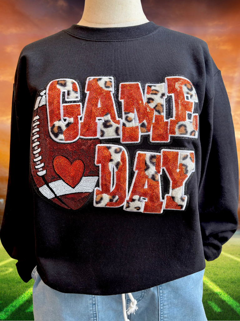Orange Sequin and Leopard Print Faux Fur Game Day Sweatshirt Close Up View