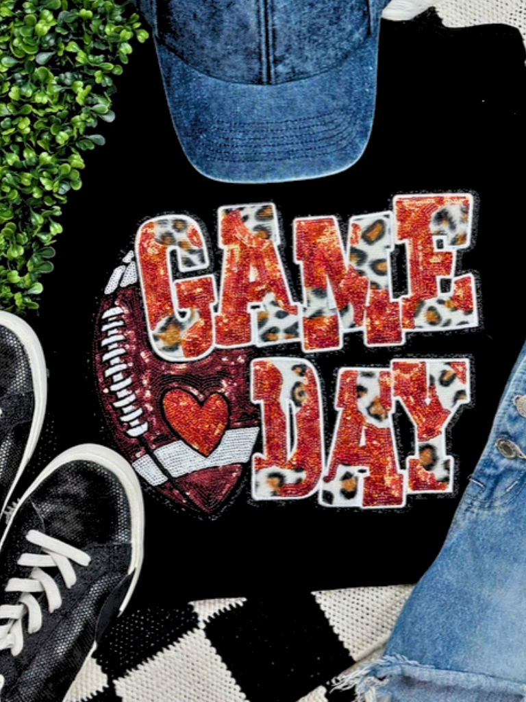 Orange Sequin and Leopard Print Faux Fur Game Day Sweatshirt Flat Lay Lifestyle Image