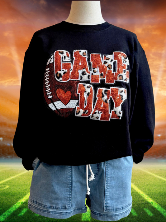 Orange Sequin and Leopard Print Faux Fur Game Day Sweatshirt Front View on Form, Shown with Weekend Wanderer Denim Shorts.