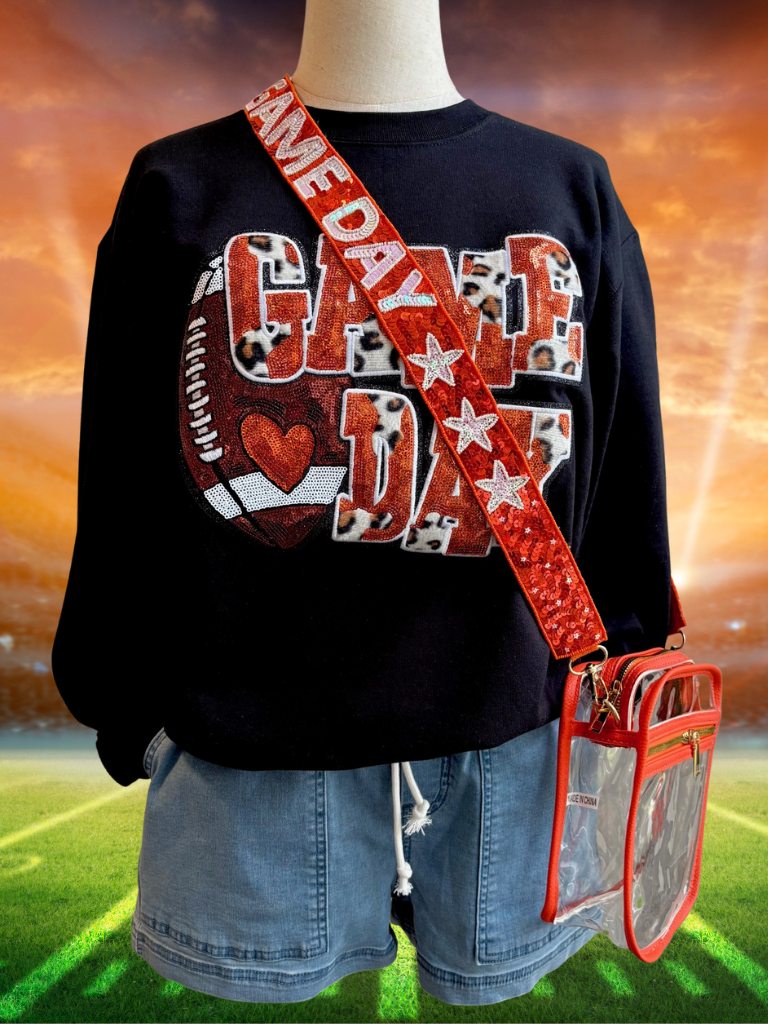Orange Sequin and Leopard Print Faux Fur Game Day Sweatshirt Front View on Form, Shown with Weekend Wanderer Denim Shorts, the Orange Trimmed Clear Bag, and Orange Game Day Sequin Interchangeable Strap.