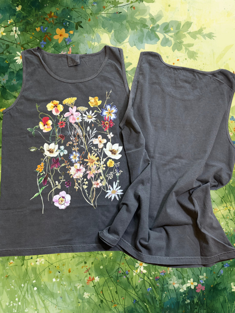 Pressed Flowers Scoop Neck Tank Front and Back Views Laid Flat on Ground
